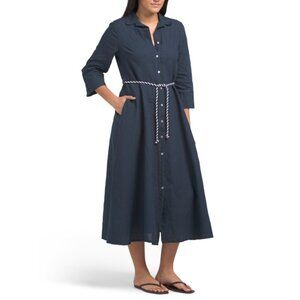 FRANCESCA BETTI Navy Made In Italy Linen Blend Three-quarter Sleeve Shirt Dress